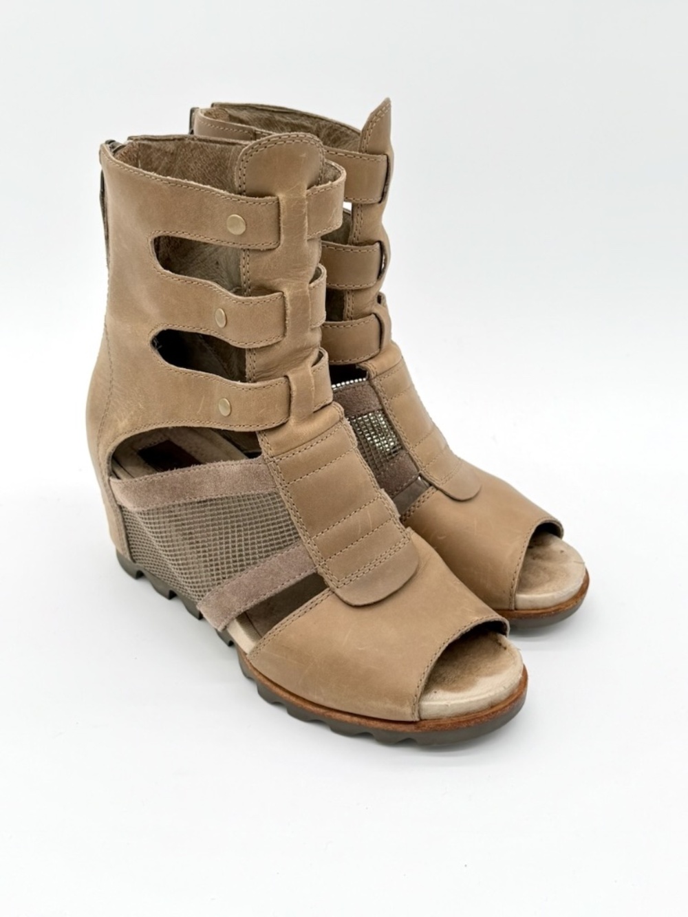 Sorel Womens Taupe Tan Joanie Gladiator Sandal Boot Wedge Heel Peep Toe Sz 7.5